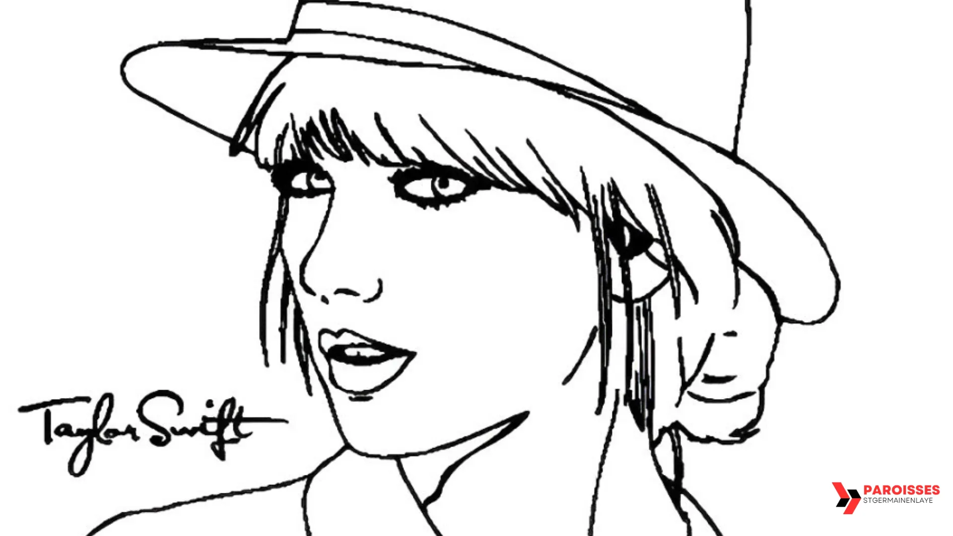 Outline drawing of Taylor Swift wearing a hat, featured in Taylor Swift Coloring Pages for creative and relaxing activities.