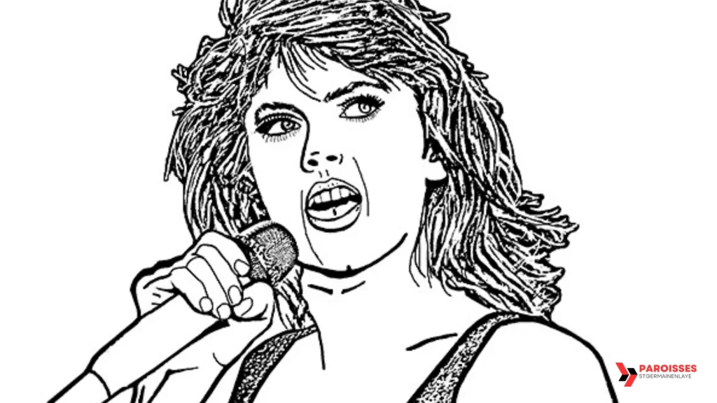 Outline drawing of Taylor Swift singing into a microphone, featured in Taylor Swift Coloring Pages for fun and relaxing creative activities.