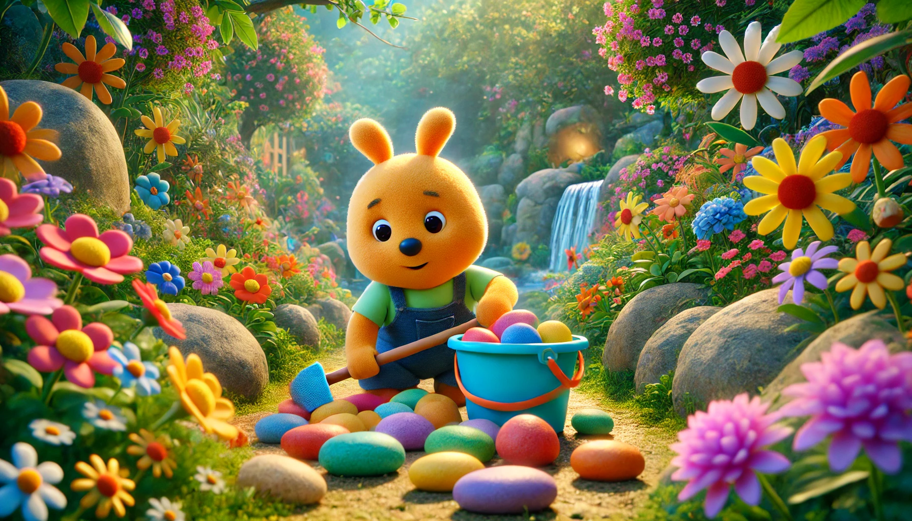 Makka Pakka is cleaning colorful stones in a lush, vibrant garden filled with flowers, symbolizing themes related to Makka Pakka death. The peaceful setting highlights the innocence and charm of "In the Night Garden."