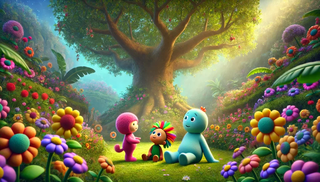 Under a large tree in a colorful, peaceful garden, Makka Pakka death is depicted as Makka Pakka, Iggle Piggle, and Upsy Daisy sit together, symbolizing harmony and friendship from "In the Night Garden."