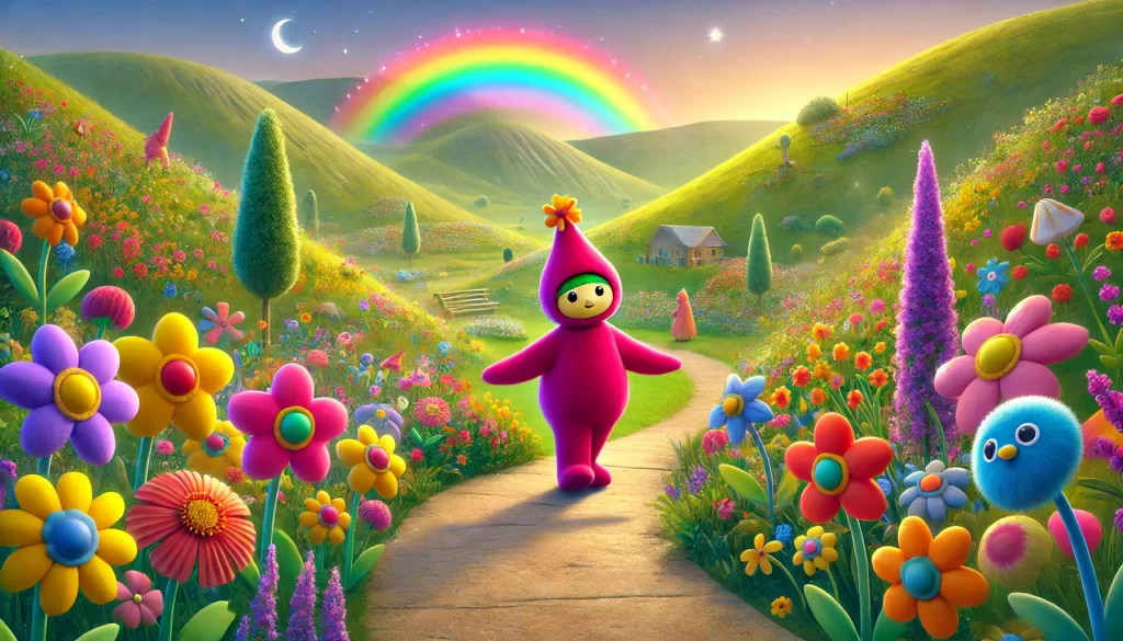 Makka Pakka death is illustrated as Makka Pakka walks along a serene path surrounded by vibrant flowers and lush hills, with a rainbow in the background, reflecting the joyful nature of "In the Night Garden."