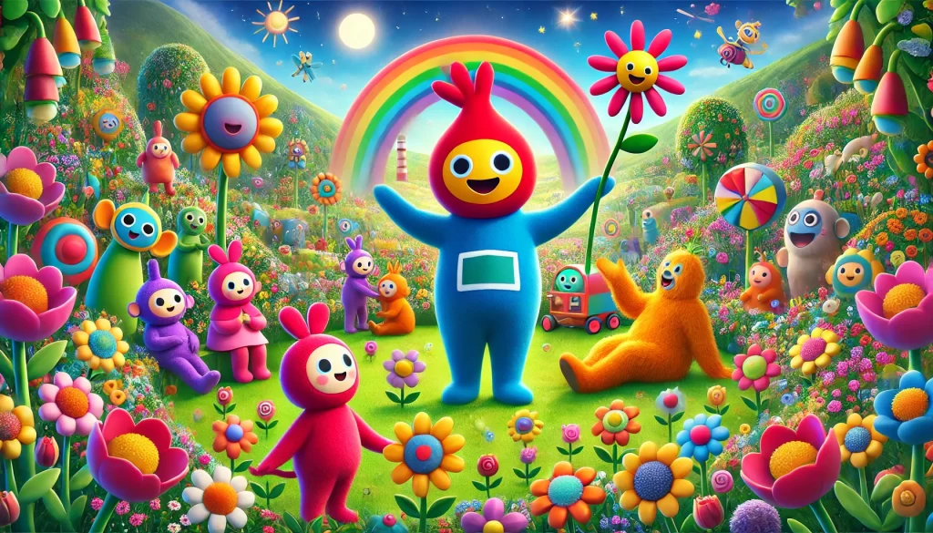 A joyful scene from "In the Night Garden" features Makka Pakka death as Makka Pakka and other characters interact in a vibrant garden filled with bright flowers, reflecting the cheerful essence of the show.