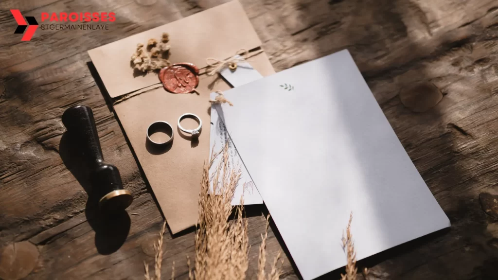 "Can You Get Invited to a Wedding?" A close-up of a rustic wedding invitation with elegant rings, a wax-sealed envelope, and natural decorative elements on a wooden surface, evoking a charming vintage feel.