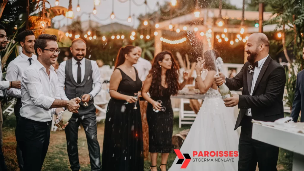 "Can You Get Invited to a Wedding?" Guests celebrate with champagne, laughter, and joy at an outdoor wedding reception illuminated by warm string lights, creating a lively and festive atmosphere.