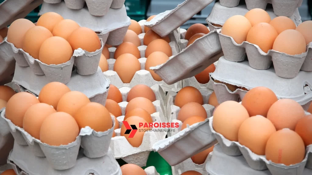 Stacks of cartons filled with farm fresh eggs. How long do farm fresh eggs last in storage?