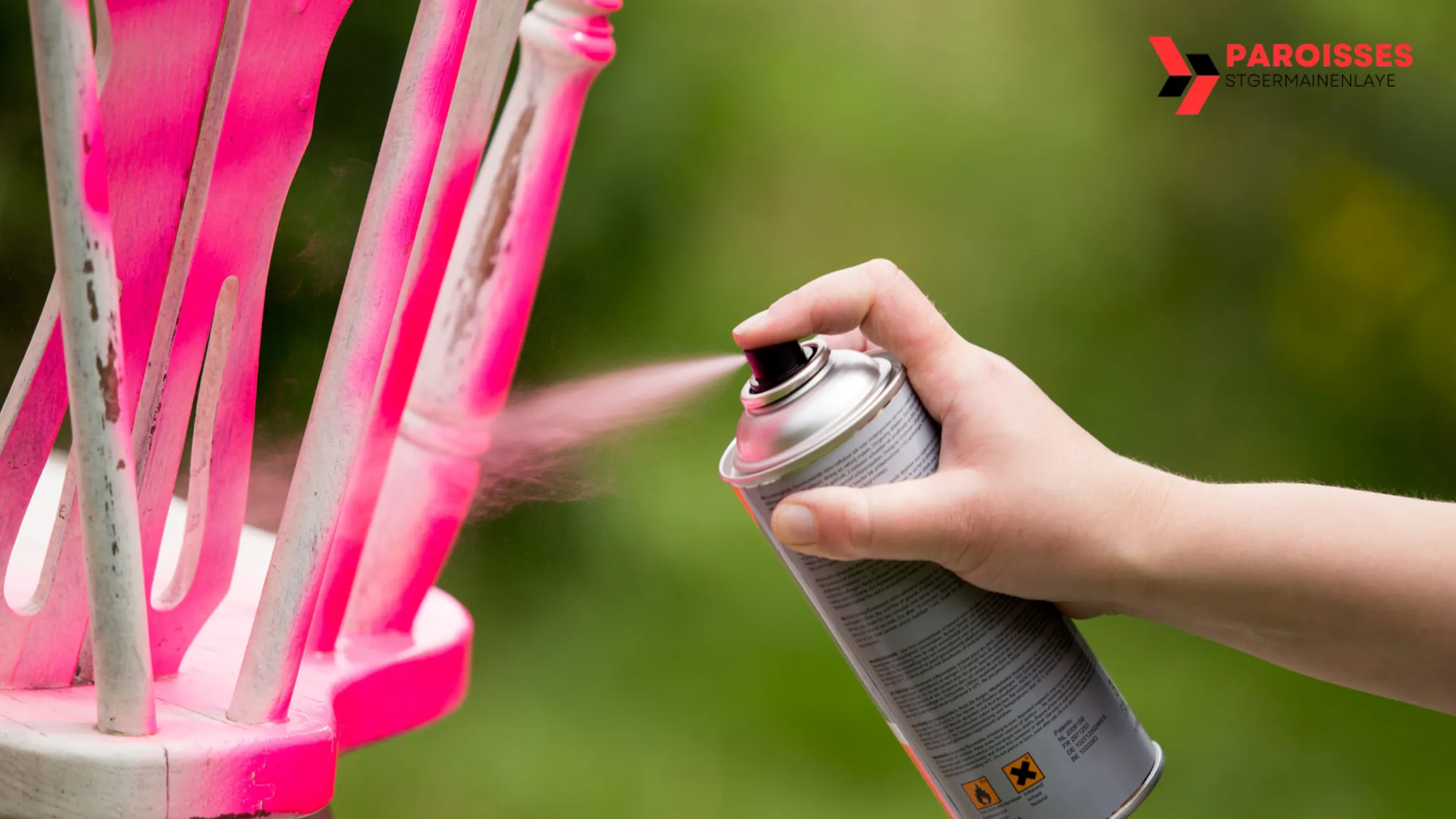 How Long Does Spray Paint Take to Dry by Surface: Spray painting a pink finish on metal furniture outdoors.