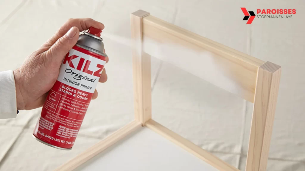 How Long Does Spray Paint Take to Dry by Surface: Priming a wooden frame using KILZ spray primer.