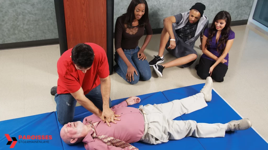 Person performing CPR on an elderly man while bystanders observe, demonstrating how can you achieve a high chest compression fraction during a medical emergency