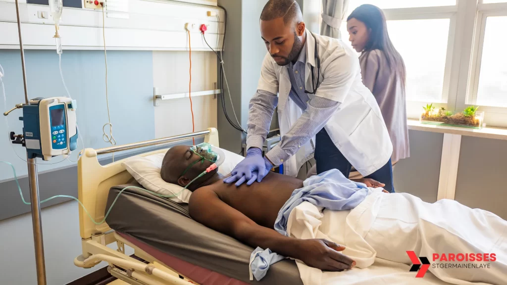 Doctor performing chest compressions on a patient in a hospital bed, demonstrating how can you achieve a high chest compression fraction during CPR.