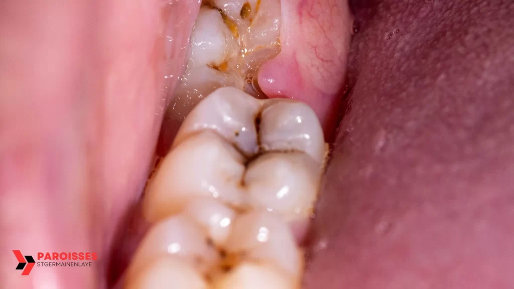 Close-up of an impacted wisdom tooth with surrounding gum inflammation, raising the question: can you keep wisdom teeth when facing issues like infection or impaction?